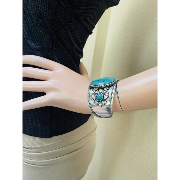 Myra Rwanda Open Cuff Bracelet Silver Tone Copper Turquoise Look - Myra 606 - Picture 8 of 12